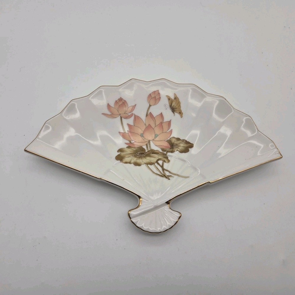 Vintage Fan Shaped Porcelain Dish Tray Pink Floral Lotus Butterfly Made in Japan